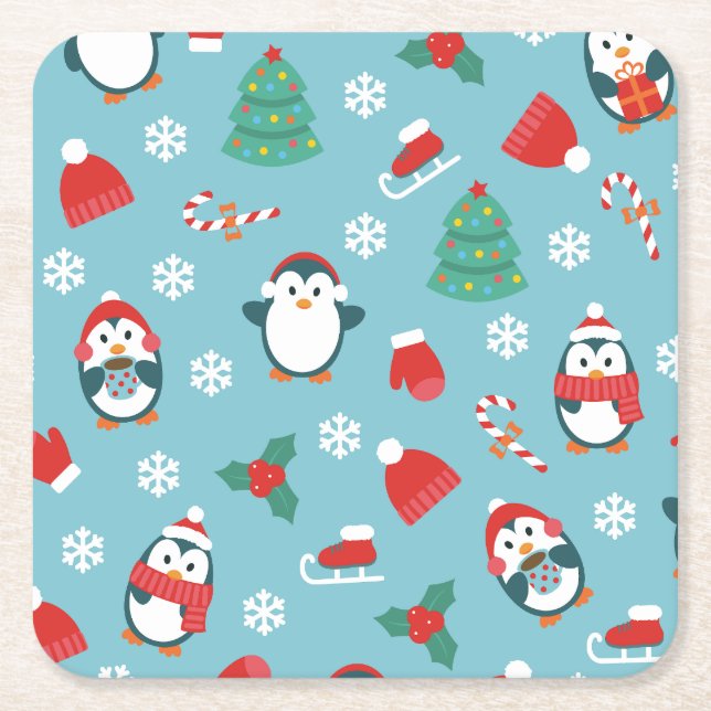 Cute Christmas Penguins Pattern Square Paper Coaster (Front)