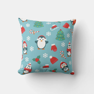 Cute Christmas Penguins Pattern Throw Pillow
