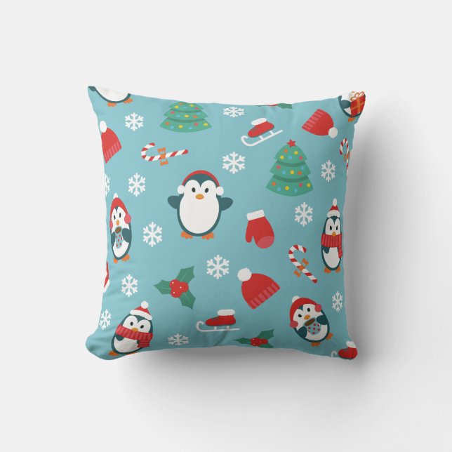 Cute Christmas Penguins Pattern Throw Pillow (Front)
