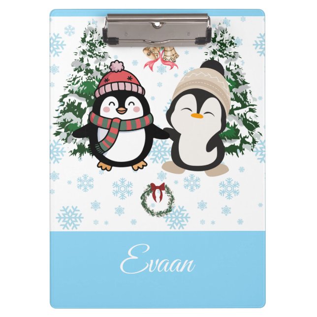 Cute Christmas Penguins Personalized Clipboard (Front)