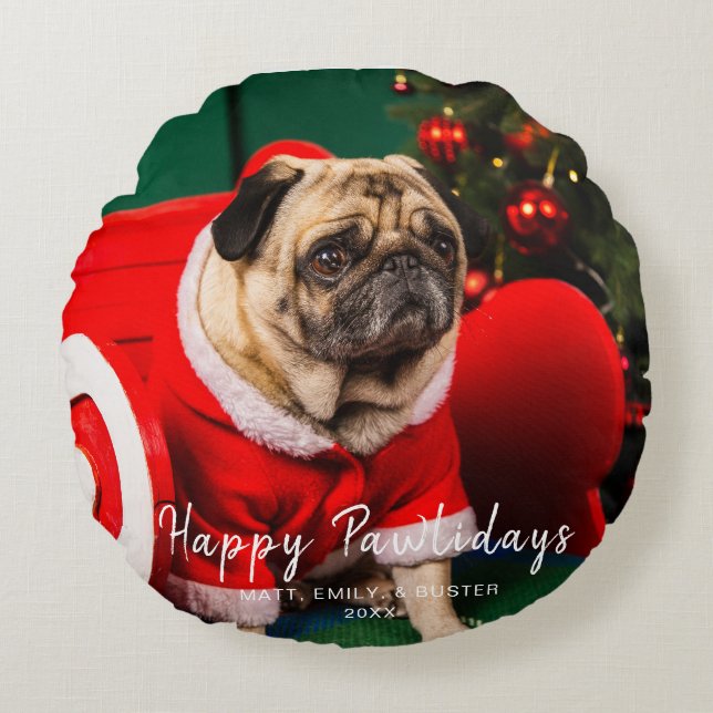 Cute Christmas Peppy Dog Pet Photo Lover Red Green Round Pillow (Front)