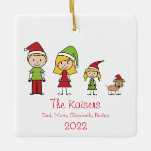 Cute Christmas Personalized Family of 3 With Dog Ceramic Ornament