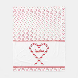 Cute Christmas Personalized Name Candy Cane Hearts Fleece Blanket