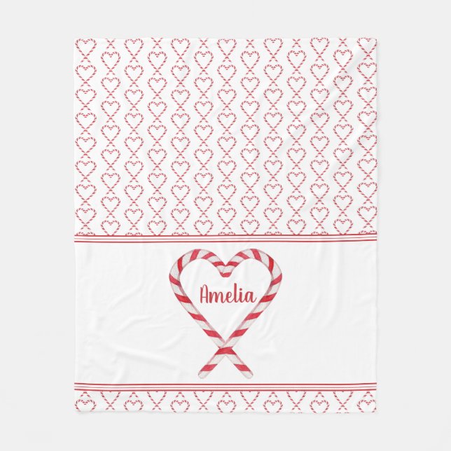 Cute Christmas Personalized Name Candy Cane Hearts Fleece Blanket (Front)
