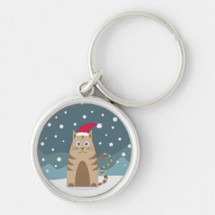 Cute christmas pet animal cat in snowy landscape keychain