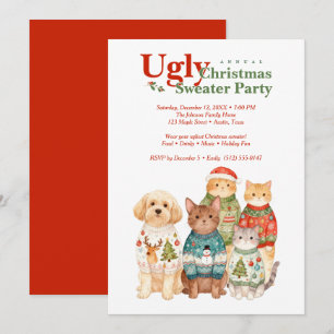 Cute Christmas Pets Sweater Party Red TMF26 Invitation