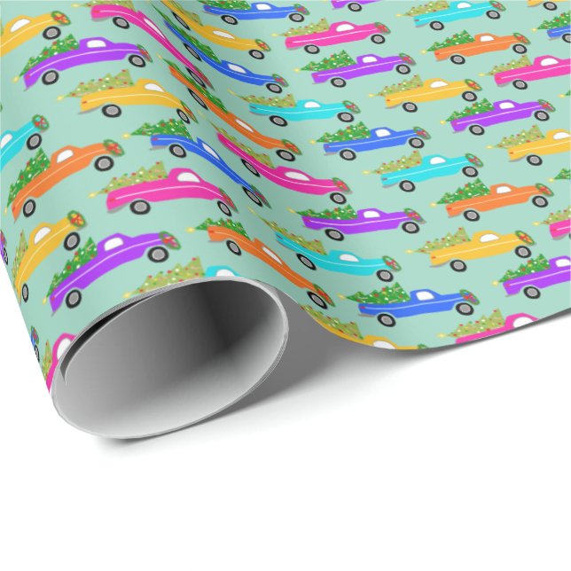 Cute Christmas Pickup Trucks Trees Retro Xmas Gift Wrapping Paper (Roll Corner)