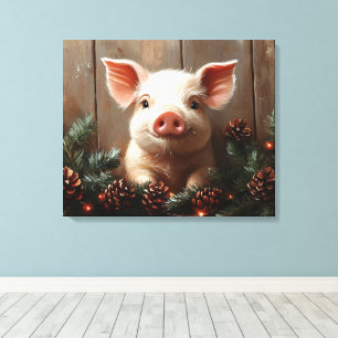 Cute Christmas Pig Rustic Painting Canvas Print