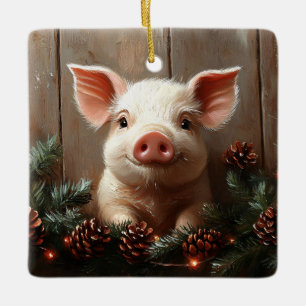 Cute Christmas Pig Rustic Painting Ceramic Ornament