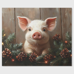 Cute Christmas Pig Rustic Painting Decoupage Wrapping Paper
