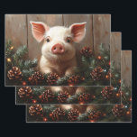 Cute Christmas Pig Rustic Painting Decoupage Wrapping Paper Sheet<br><div class="desc">Decoupage wrapping paper sheets featuring a digital oil painting of a cute pig surrounded by pine cones and pine tree garland with Christmas lights.  The wood background adds a rustic vibe to the artwork.</div>