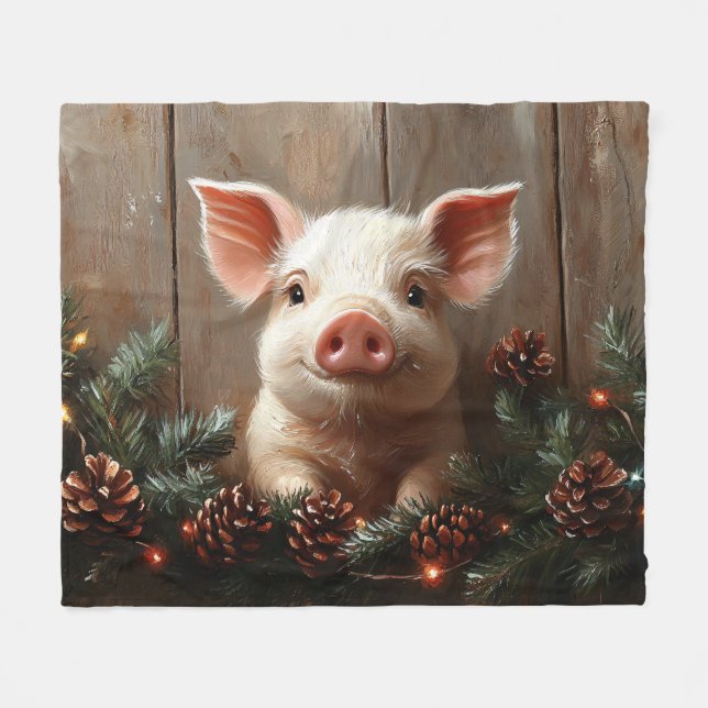 Cute Christmas Pig Rustic Painting Fleece Blanket (Front (Horizontal))