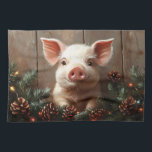 Cute Christmas Pig Rustic Painting Kitchen Towel<br><div class="desc">Kitchen towel featuring a digital oil painting of a cute pig surrounded by pine cones and pine tree garland with Christmas lights. The wood background adds a rustic vibe to the artwork.</div>