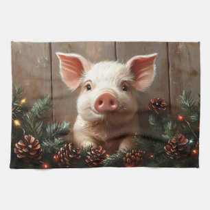Cute Christmas Pig Rustic Painting Kitchen Towel