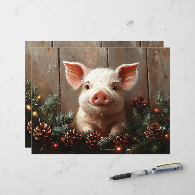 Cute Christmas Pig Rustic Scrapbook Paper (Front/Back In Situ)