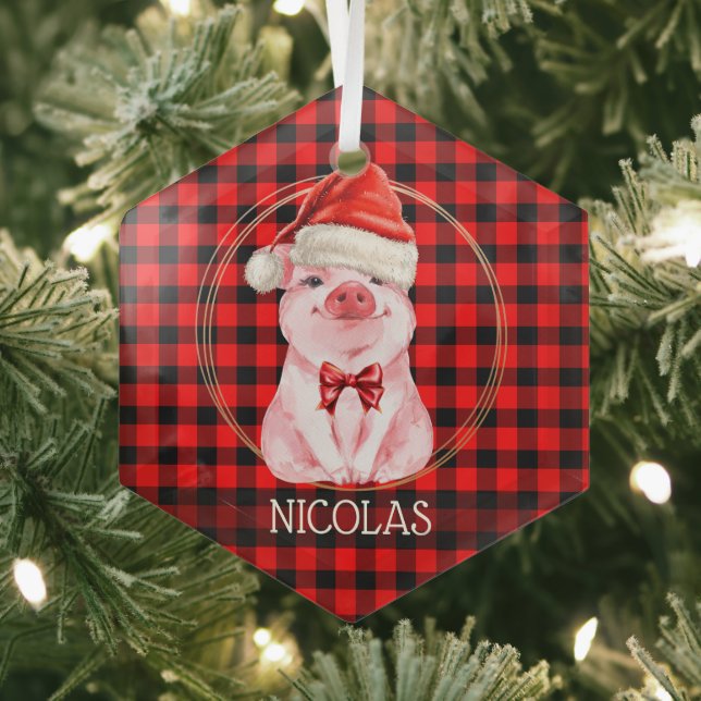 Cute Christmas Pig With Buffalo Plaid Red Funny Glass Ornament (Insitu)