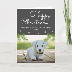 Cute Christmas Pine Branches Snowflake Dog Photo Card