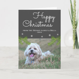 Cute Christmas Pine Branches Snowflake Dog Photo Card