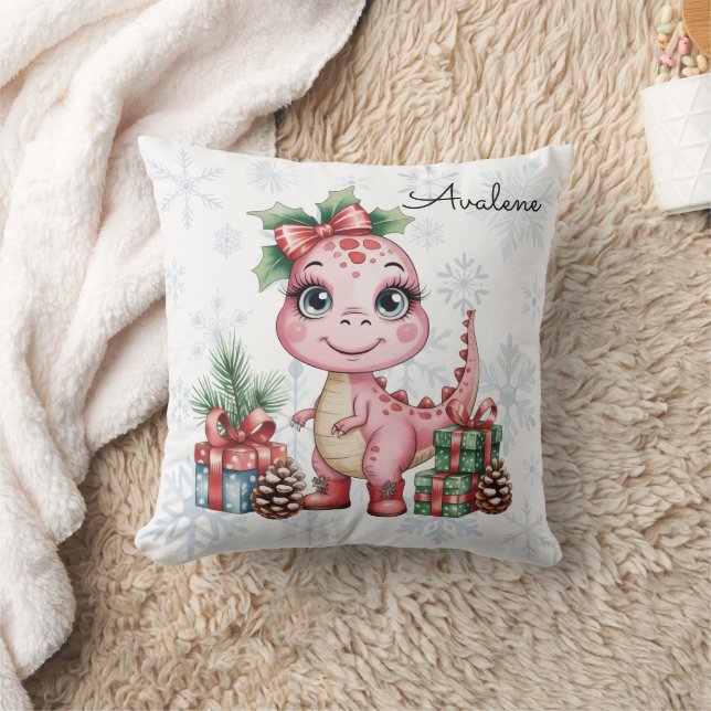 Cute Christmas Pink Dinosaur Baby Shower Gift Throw Pillow (Blanket)