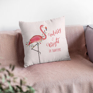 Cute Christmas Pink Flamingo Personalized Holiday  Throw Pillow