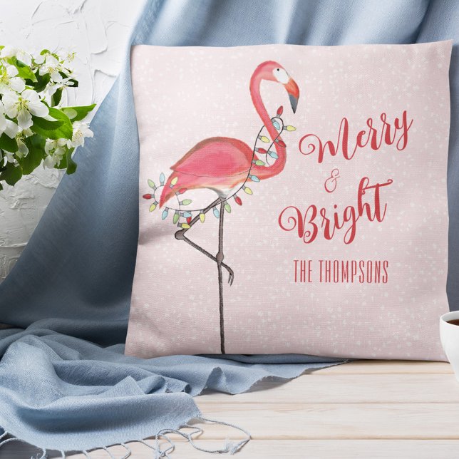 Cute Christmas Pink Flamingo Personalized Throw Pillow (Christmas "Merry and Bright" cute whimsical pink flamingo throw pillow)
