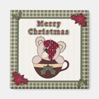 Cute Christmas Plaid Pattern Border & Teddy Bear Magnet