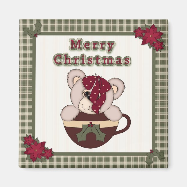 Cute Christmas Plaid Pattern Border & Teddy Bear Magnet (Front)