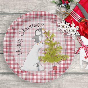 Cute Christmas Polar Bear And Penguin Christmas  Paper Plate