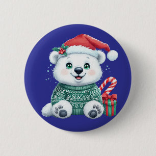 Cute Christmas Polar Bear in Festive Sweater 2 Inch Round Button