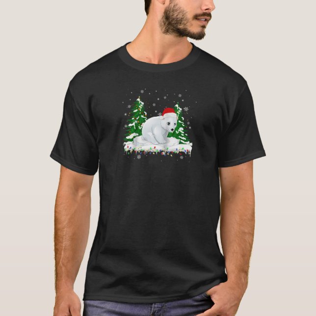 Cute Christmas Polar Bear Red Santa Hat Lighted Tr T-Shirt (Front)