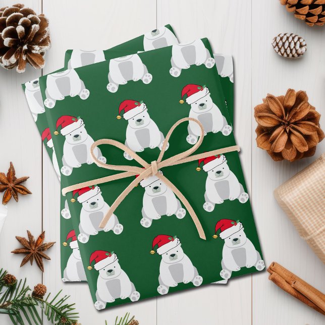 Cute Christmas Polar Bear Santa Hat Kids Green Wrapping Paper Sheet (Creator Uploaded)
