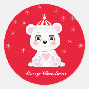 Cute Christmas Polar Bear & Snowflakes on Red Classic Round Sticker
