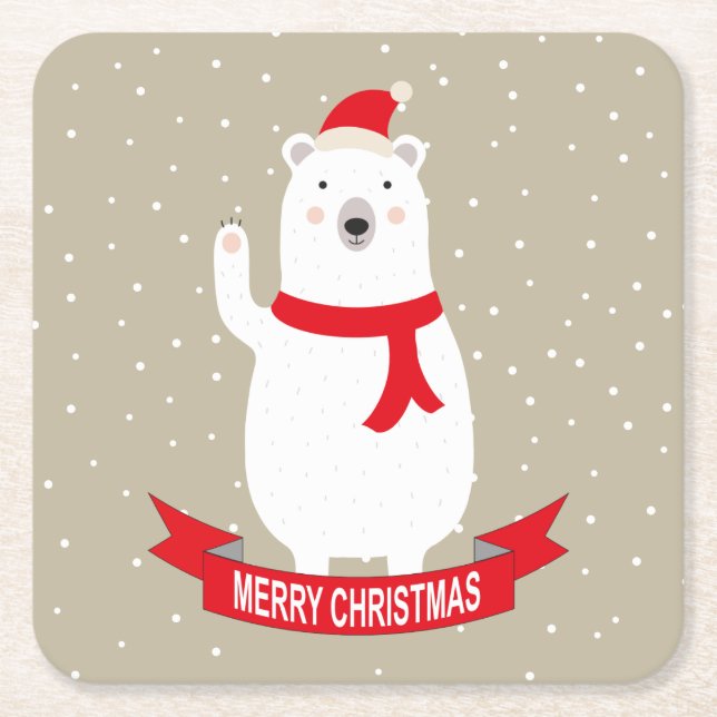 Cute Christmas Polar Bear Square Paper Coaster (Front)