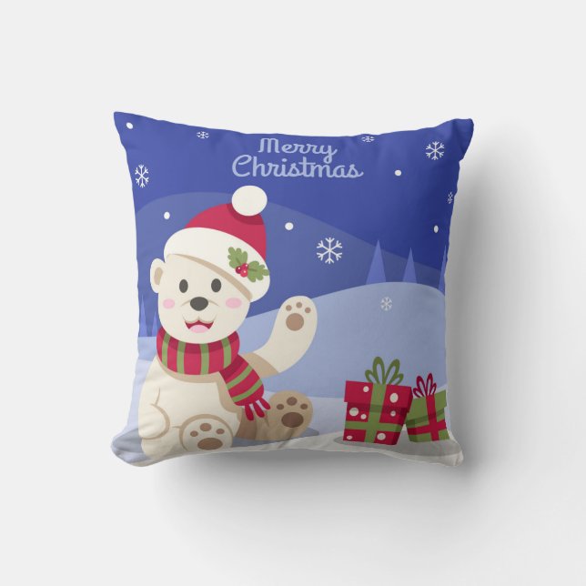 Cute Christmas Polar Bear with Santa Hat Blue Throw Pillow (Front)