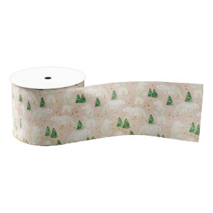 Cute Christmas Polar Bears in Evergreen Forest Grosgrain Ribbon