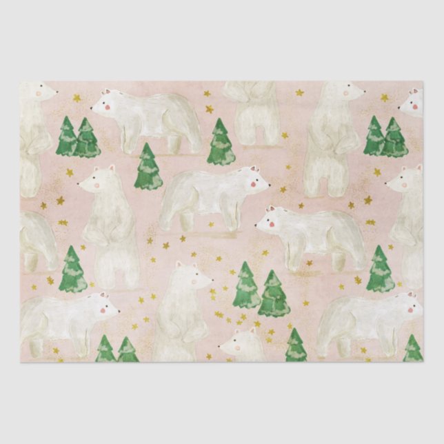 Cute Christmas Polar Bears in Evergreen Forest Tissue Paper (Front)