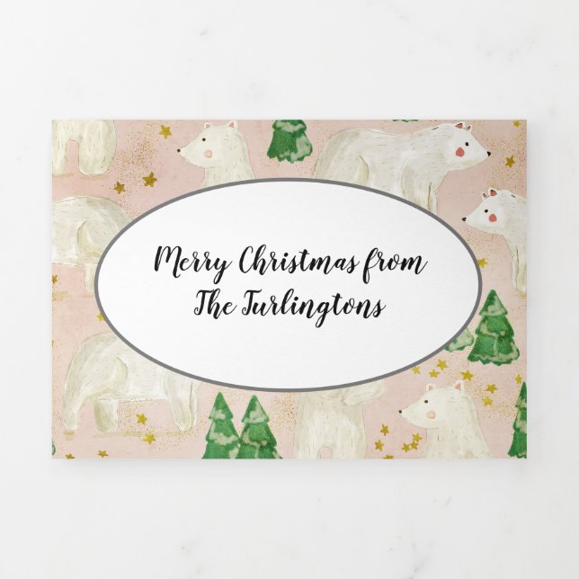 Cute Christmas Polar Bears in Evergreen Forest Tri-Fold Holiday Card (Cover)
