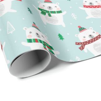 Cute Christmas Polar Bears on mint Wrapping Paper