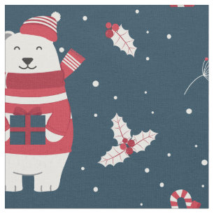 Cute Christmas Polar Bears Red Sweaters Hats Blue Fabric