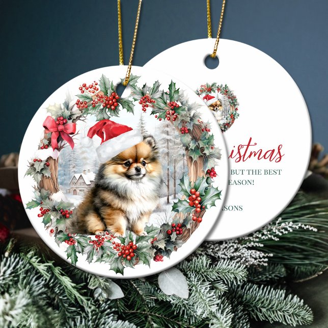 Cute Christmas pomeranian dog puppy Santa hat Ceramic Ornament (Cute Christmas pomeranian dog puppy Santa hat Ceramic Ornament)