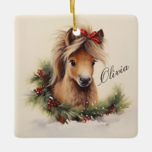 Cute Christmas Pony with Name Ceramic Ornament
