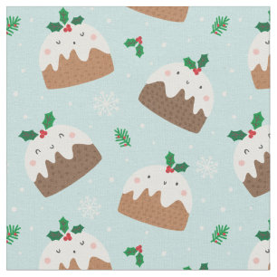 Cute Christmas Puddings on light blue Fabric