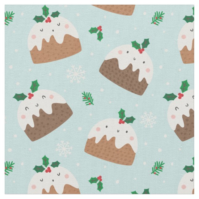 Cute Christmas Puddings on light blue Fabric (Close Up)