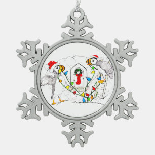 Cute Christmas Puffin Decorating Hut Snowflake Pewter Christmas Ornament