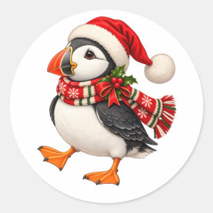 Cute Christmas Puffin Santa Festive Holiday Bird Classic Round Sticker