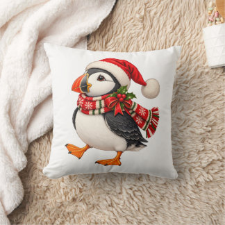 Cute Christmas Puffin Santa Festive Holiday Bird Throw Pillow