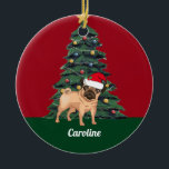 Cute Christmas Pug in Santa Hat Personalized Red Ceramic Ornament<br><div class="desc">This beautiful monogrammed Christmas ornament features a cute pug wearing a Santa Claus hat in front of a pretty Christmas tree decorated with colourful ornaments. Personalize with a pet owner name in lovely cursive under the wonderful drawing.</div>