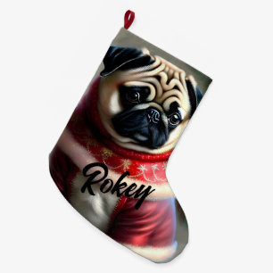 Cute Christmas Pug Large Christmas Stocking