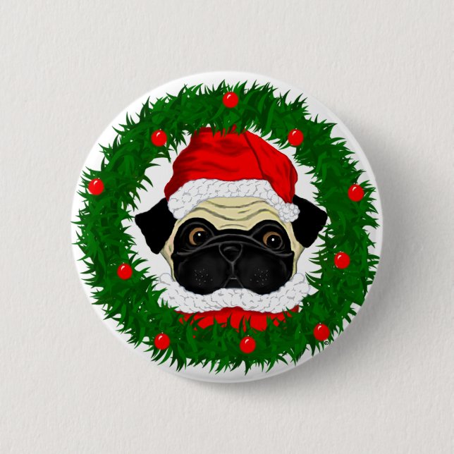 Cute Christmas Pug Santa in Wreath 2 Inch Round Button (Front)