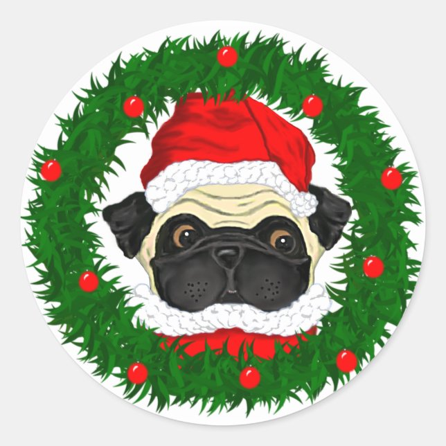 Cute Christmas Pug Santa in Wreath Classic Round Sticker (Front)